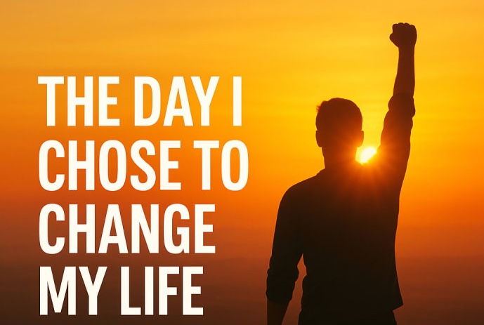 Motivational poster featuring man in sunrise shadow holding up a fist