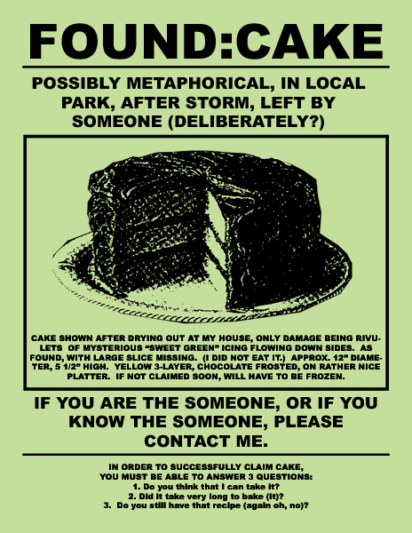 Humorous flyer referencing the song Someone Left the Cake Out in the rain