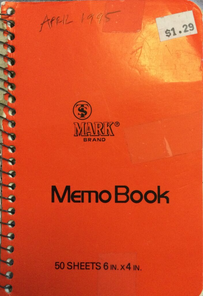 Front cover of spiral notebook reading APRIL 1995