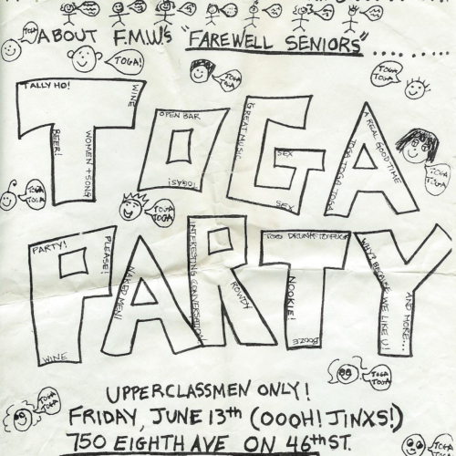 Old hand-drawn flyer advertising a high school toga party