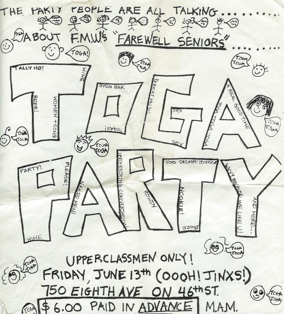 Old hand-drawn flyer advertising a high school toga party