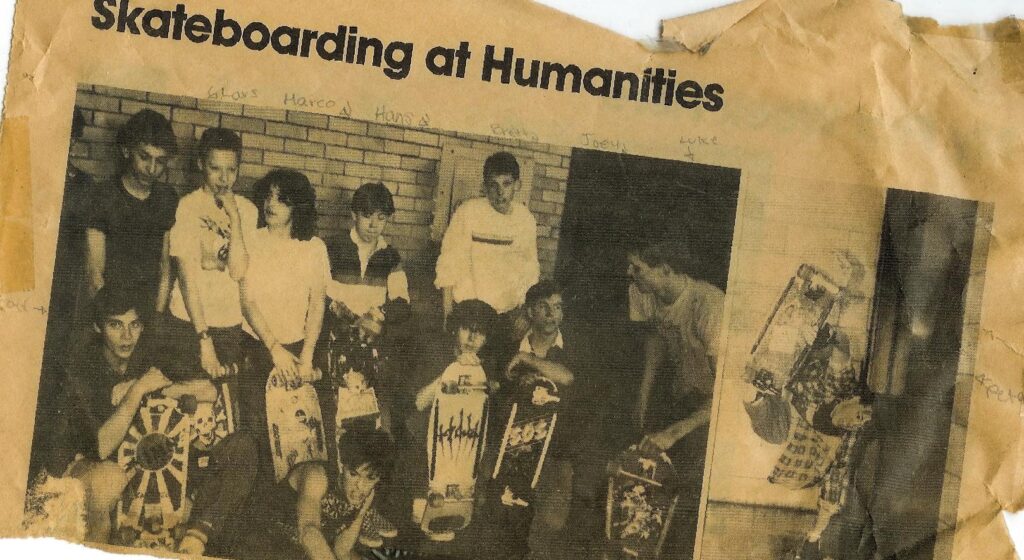 Yellowed newspaper clip with headline Skateboarding at Humanities, originally from 1985