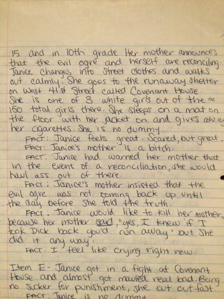 Handwritten page from Janice's teenage journal