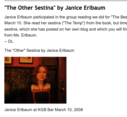 Photo of Janice at KGB bar, March 10, 2008