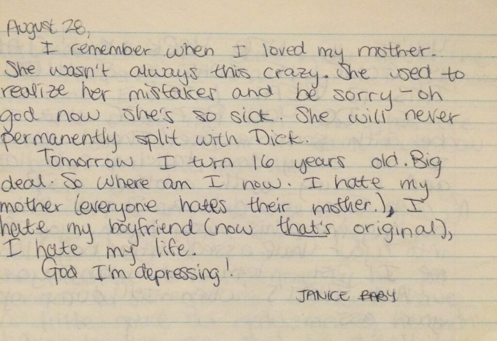 Handwritten page from Janice's teenage journal